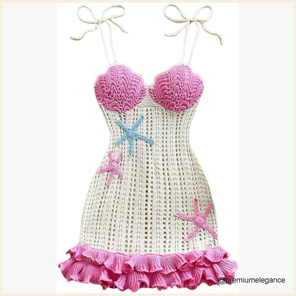 Boho Crochet Mini Dress with Starfish Embroidery and Ruffle Hem